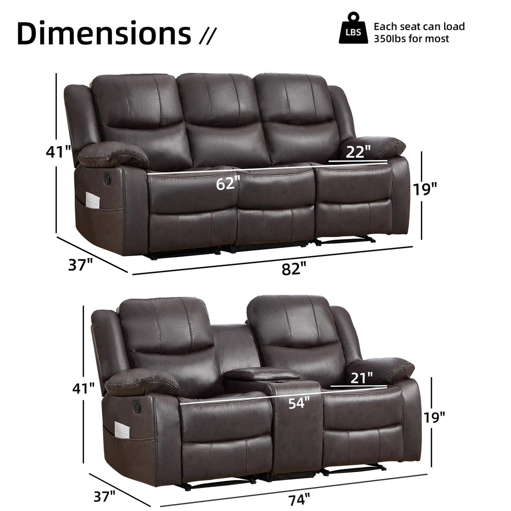 2 Pieces Manual Recliner Sofa Set, Faux Leather Reclining Couch Set, Included Loveseat Recliner Couch and 3 Seat