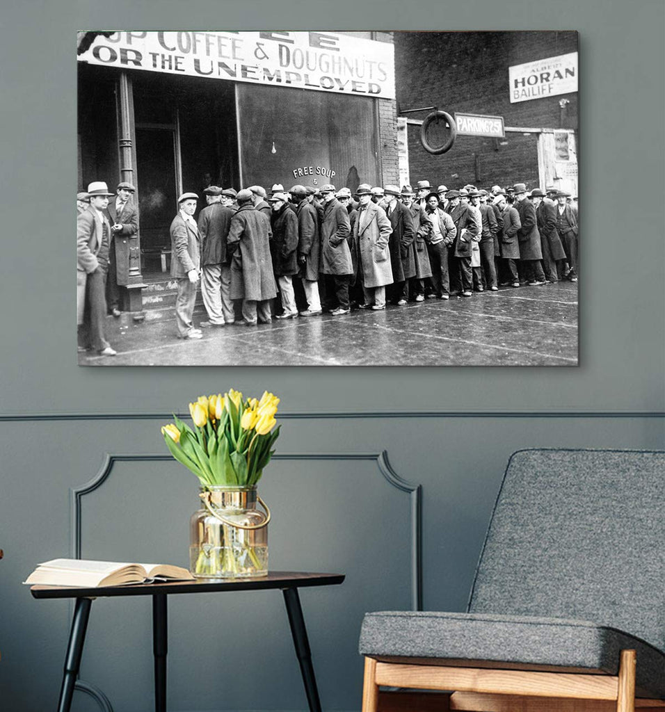 Canvas Print Wall - Unemployed Men Outside a Soup Kitchen During The Great Depression Chicago, 1931-24x16 inches