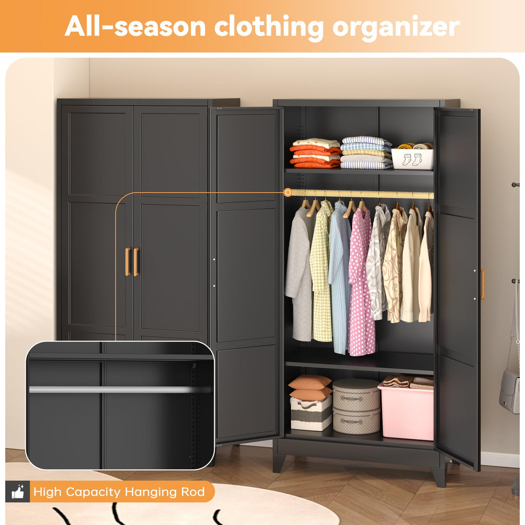 71" H Metal Wardrobe Cabinets with 2 Doors, Large Clothing Storage Cabinets with Hanging Rod and Adjustable Shelves