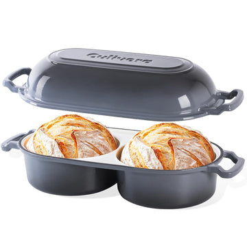 Cast Iron Double Dutch Oven, Mini Enamel Sourdough Bread Pan with Lid, Grey