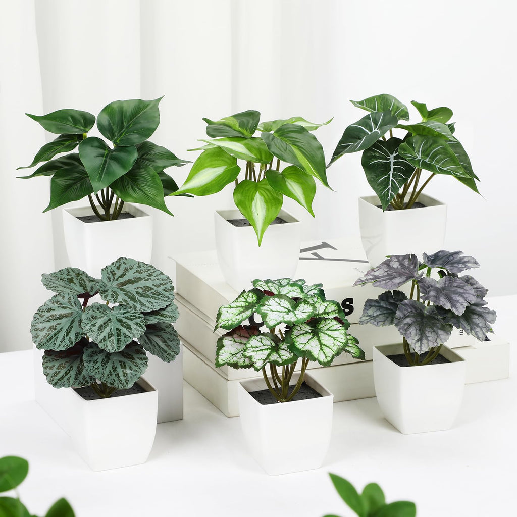 6PCS Fake Plants Potted Artificial Plants, Mini Faux Plants in White Pots Greenery Décor Table Shelf Bathroom