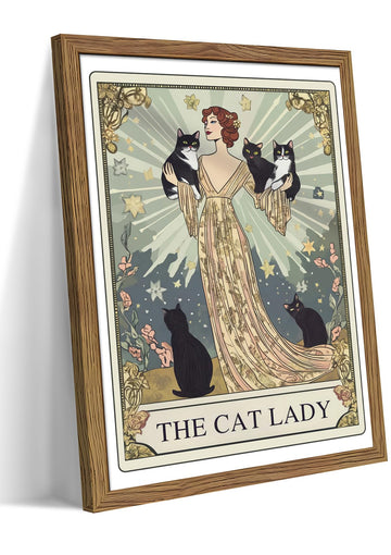 Framed Black Cat Wall Art, Vintage The Cat Lady Tarot Canvas Wall Decor Paintings, Funny Cute Woman Animal Poster