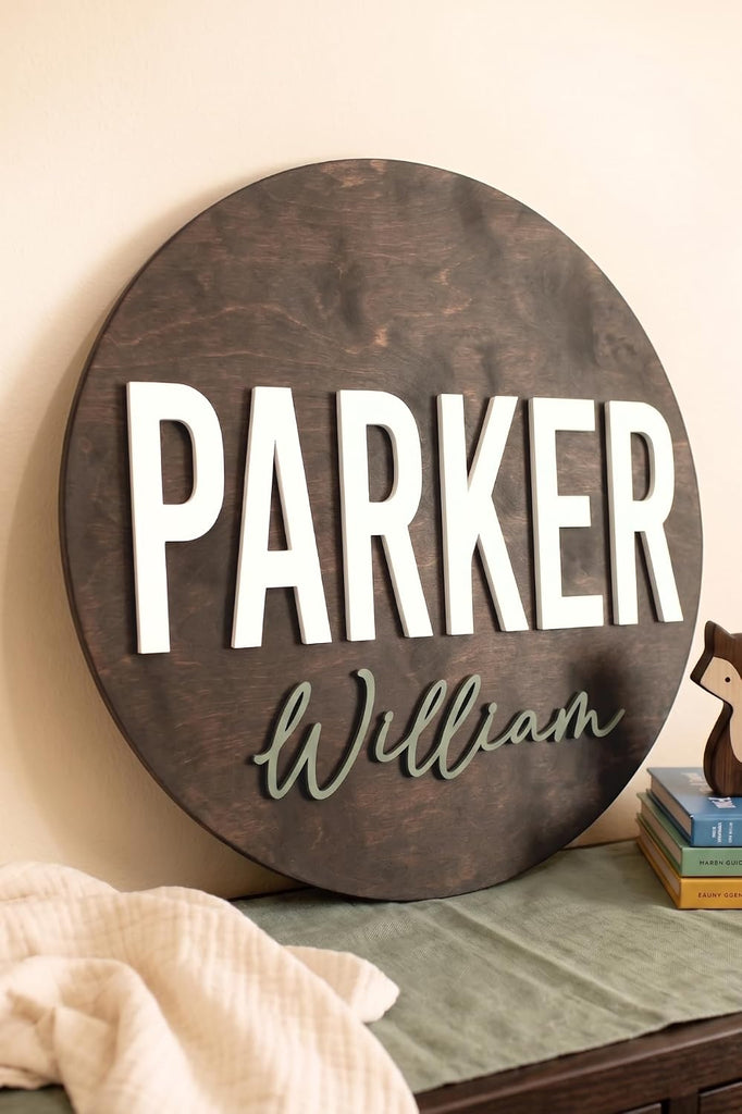 Personalized Round Nursery Name Sign, Custom 3D Wooden Name Announcement Sign, Wood Name Sign Plaque, 3D Wall Art