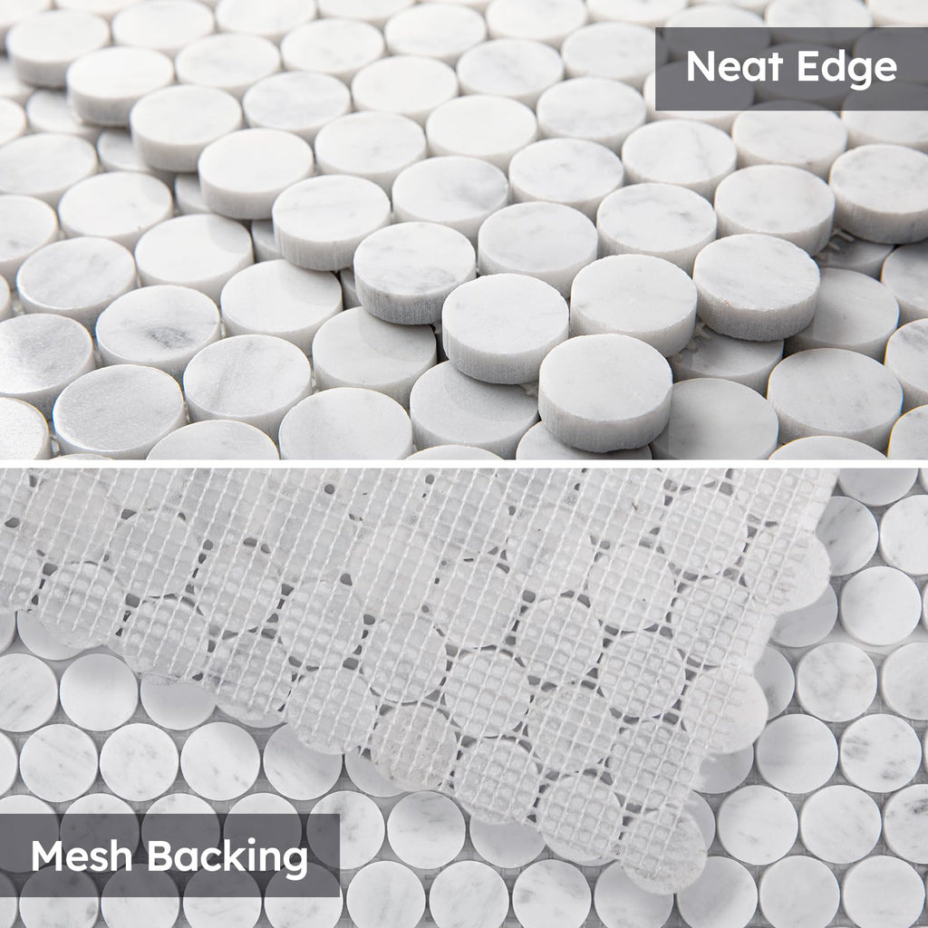 White Marble Mosaic Tile,1 Inch Penny Round, Polished, 5 Sheets