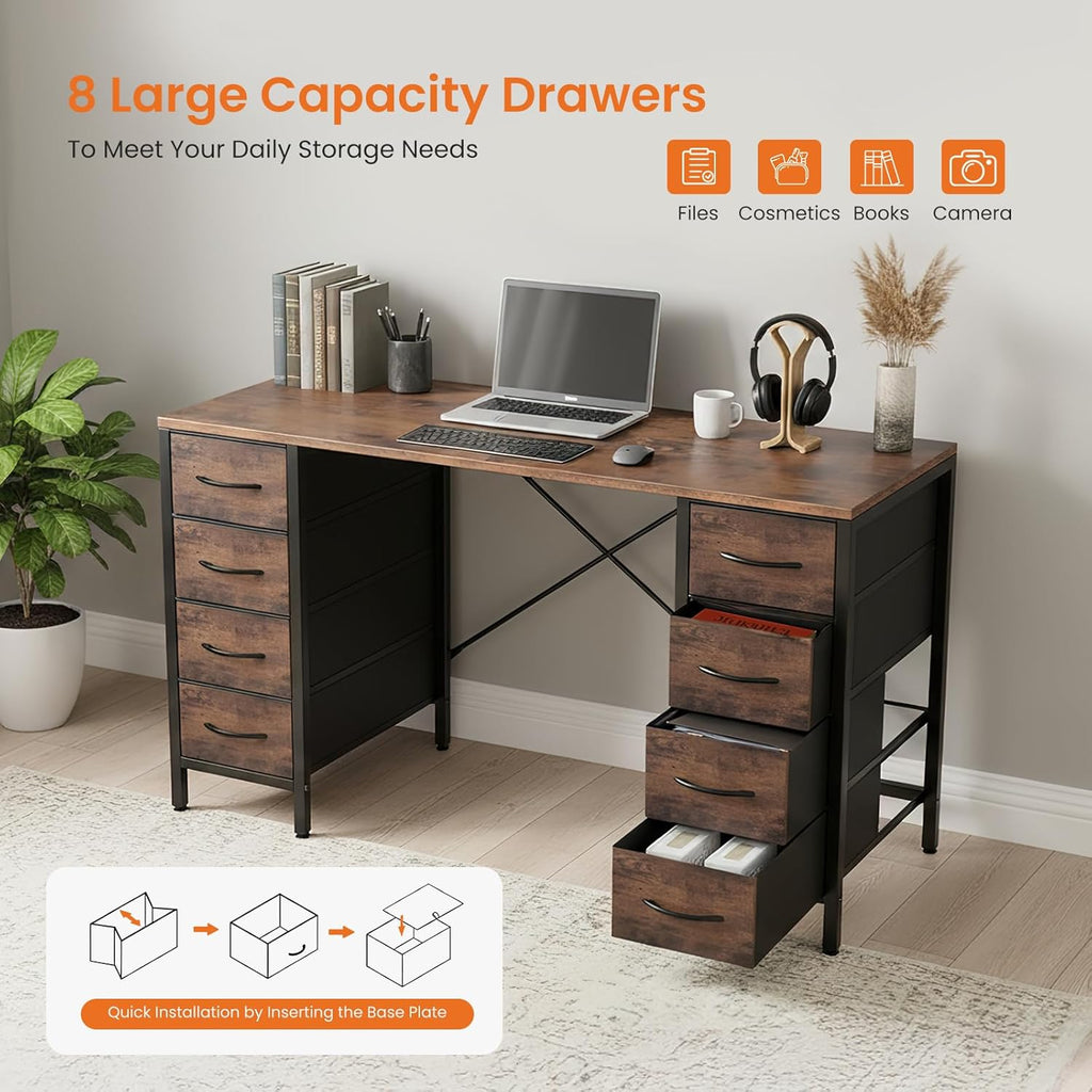 Desk with 8 Fabric Storage Drawers, Computer Office 47 Inch Gaming Writing Study Table with X-Shaped Reinforced