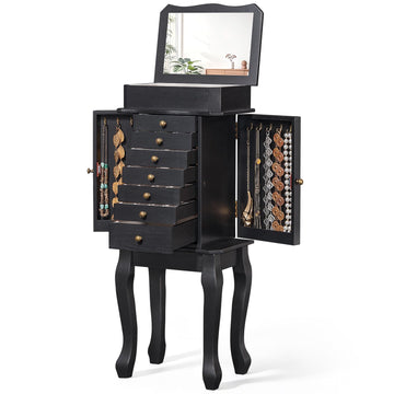 Standing Jewelry Armoire Cabinet, Large Freestanding Jewelry Organizer Box with Mirror, 7 Drawers & 2 Side Doors