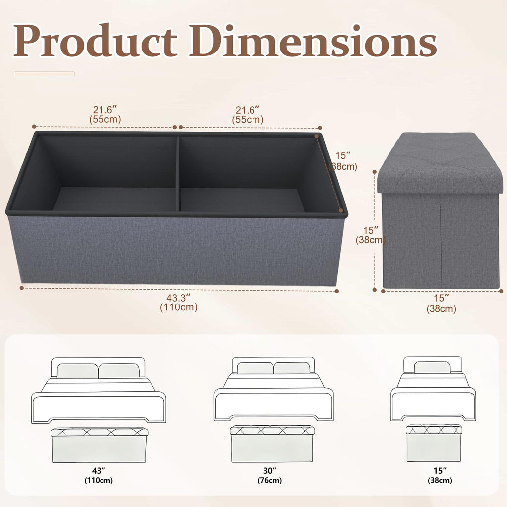 43 Inches Ottoman with Storage, Folding Storage Ottoman Bench Set, Storage Chest, Support, Grey