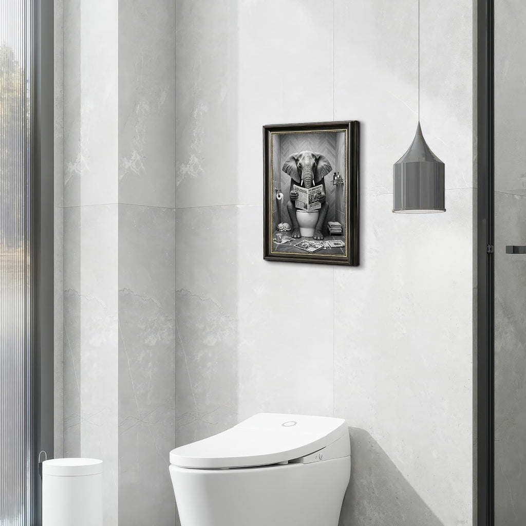 Funny Elephant Bathroom Wall Art, Black and White Animal Reading Newspaper Print art, Quirky Toilet Humor Wall decor