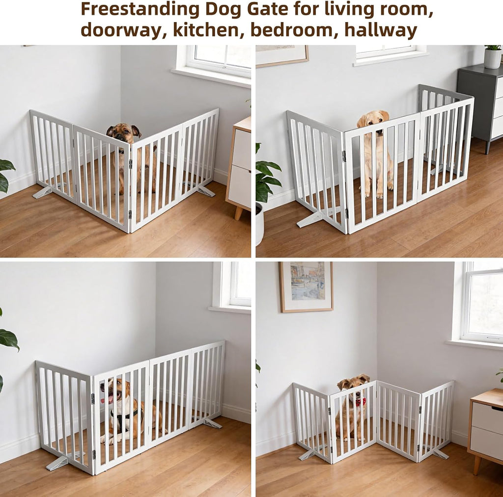 Freestanding Indoor Dog Gate Foldable Wood White Puppy Gate for Doorways Pet Gate for Stairs Extra Wide Pet Fence 24"