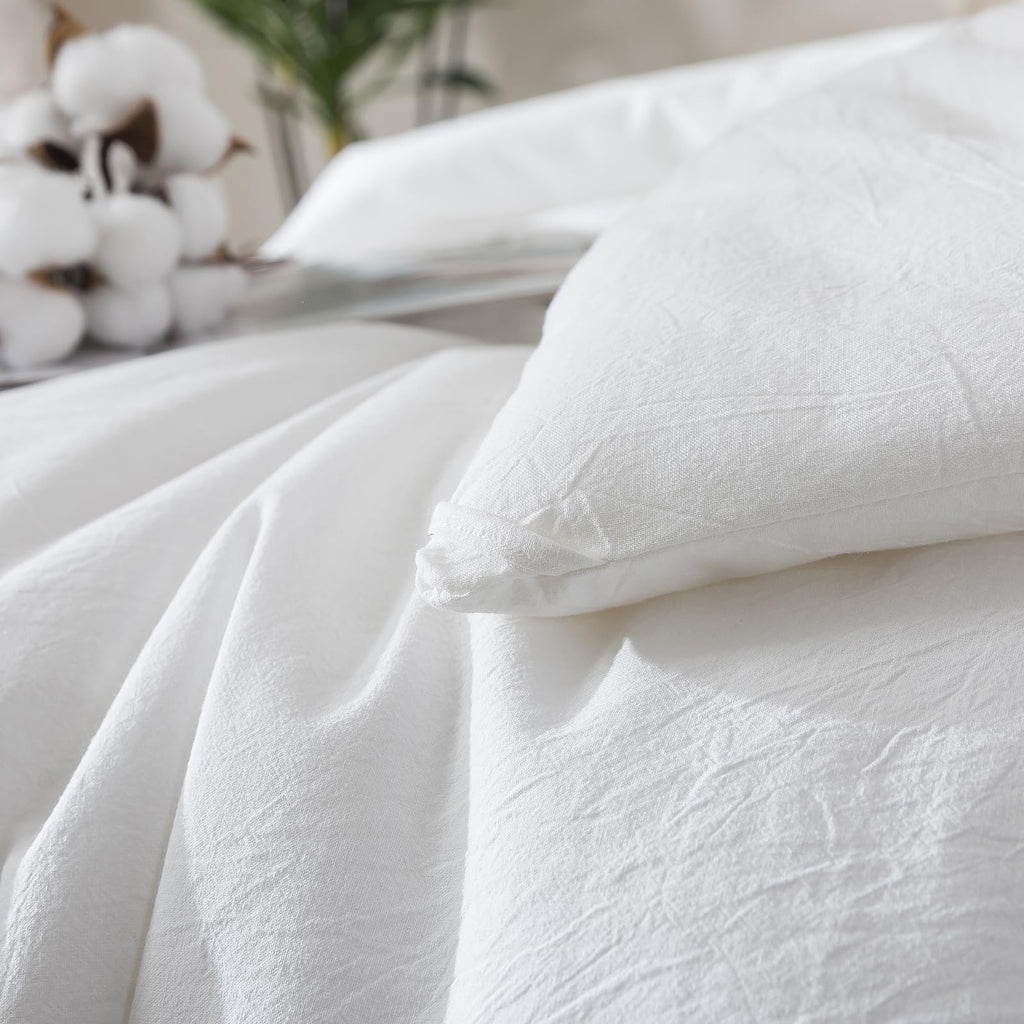 White Comforter Set Full Size, Cotton Fabric with Microfiber Inner Filling 3 Pieces Linen Like Bedding Set, Soft Boho
