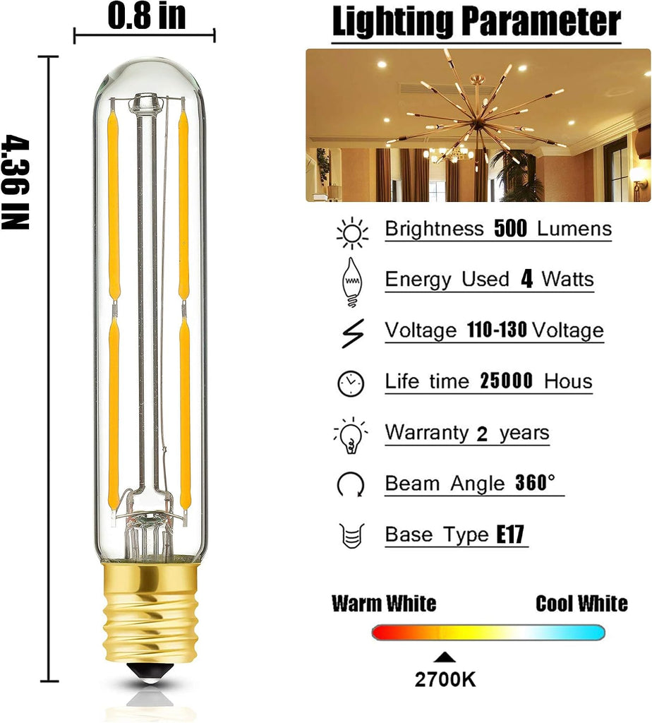 E17 T6.5 LED Tubular Filament Bulb Dimmable 4W Led Tube Bulbs 2700K