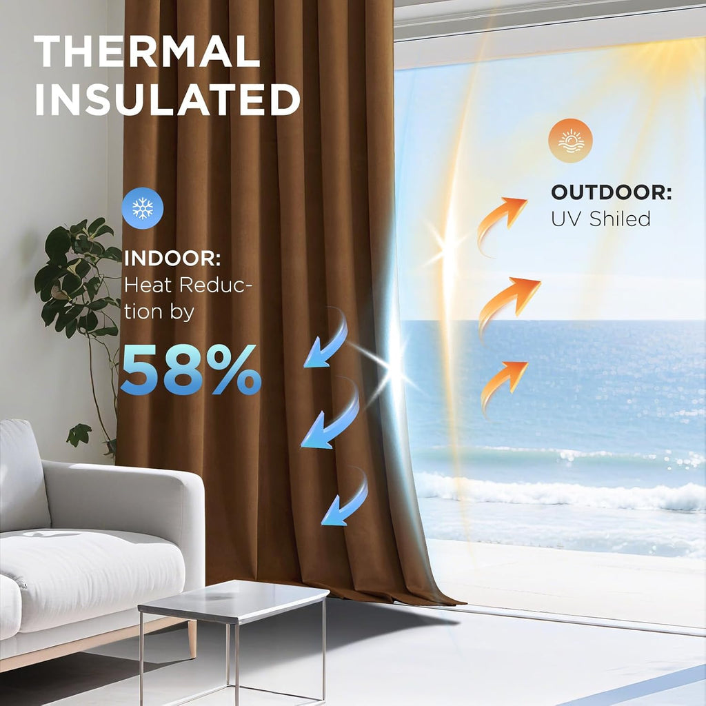 Golden Brown 100% Blackout Curtains 96 Inch 2 Panels, Luxury Thermal Brown Velvet Curtains for Bedroom Living Room
