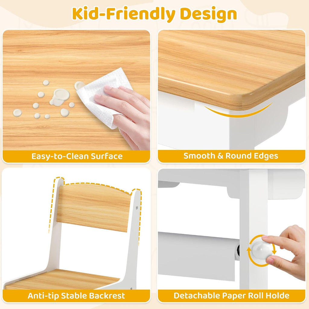 Kids Art Table & Chair Set, Wood w/Storage & Paper Roll, Natural