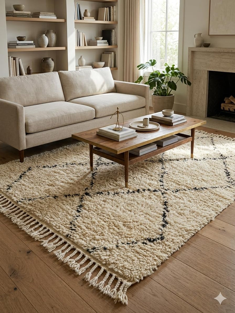 Wool Rug 5' x 7' - Handmade Berber Shag Area Rug, Beni Ourain Style, Ivory/Cream with Charcoal Ladder Diamond Pattern