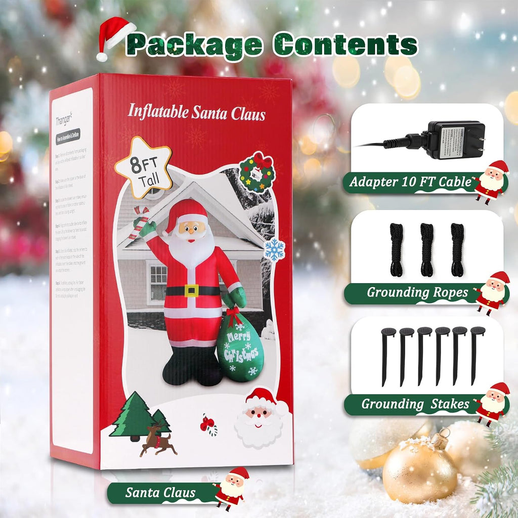 8FT Christmas Inflatable Santa Claus with Candy and Big Gift Bag Outdoor Decoration, Built-in Led Lights Blow Up Xmas