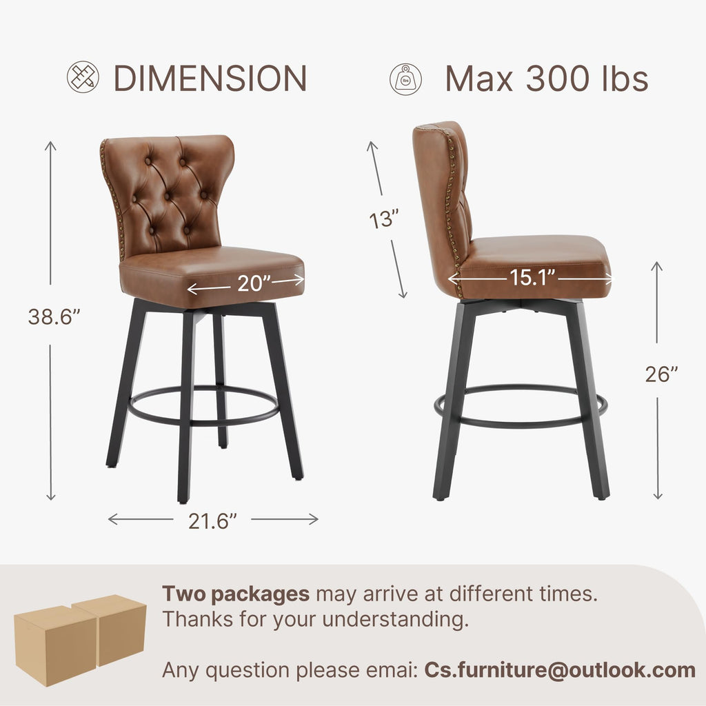 Counter Height Barstools 26 inch Upholstered Button Tufted Swivel Bar Stools with Back Island, Set of 2, Brown PU