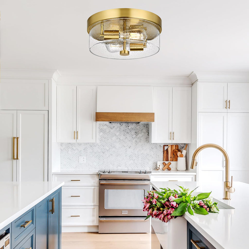 Flush Mount Ceiling Light Fixtures, 2-Light Gold Ceiling Mount for Farmhouse with Seeded Glass Lampshade, Industrial