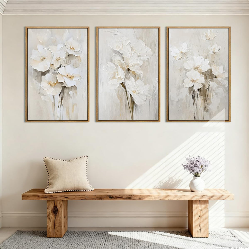 Framed Neutral Beige Floral Wall Art Large 16x24 Inch White Cream Flower Canvas Wall Decor Modern Botanical Farmhouse