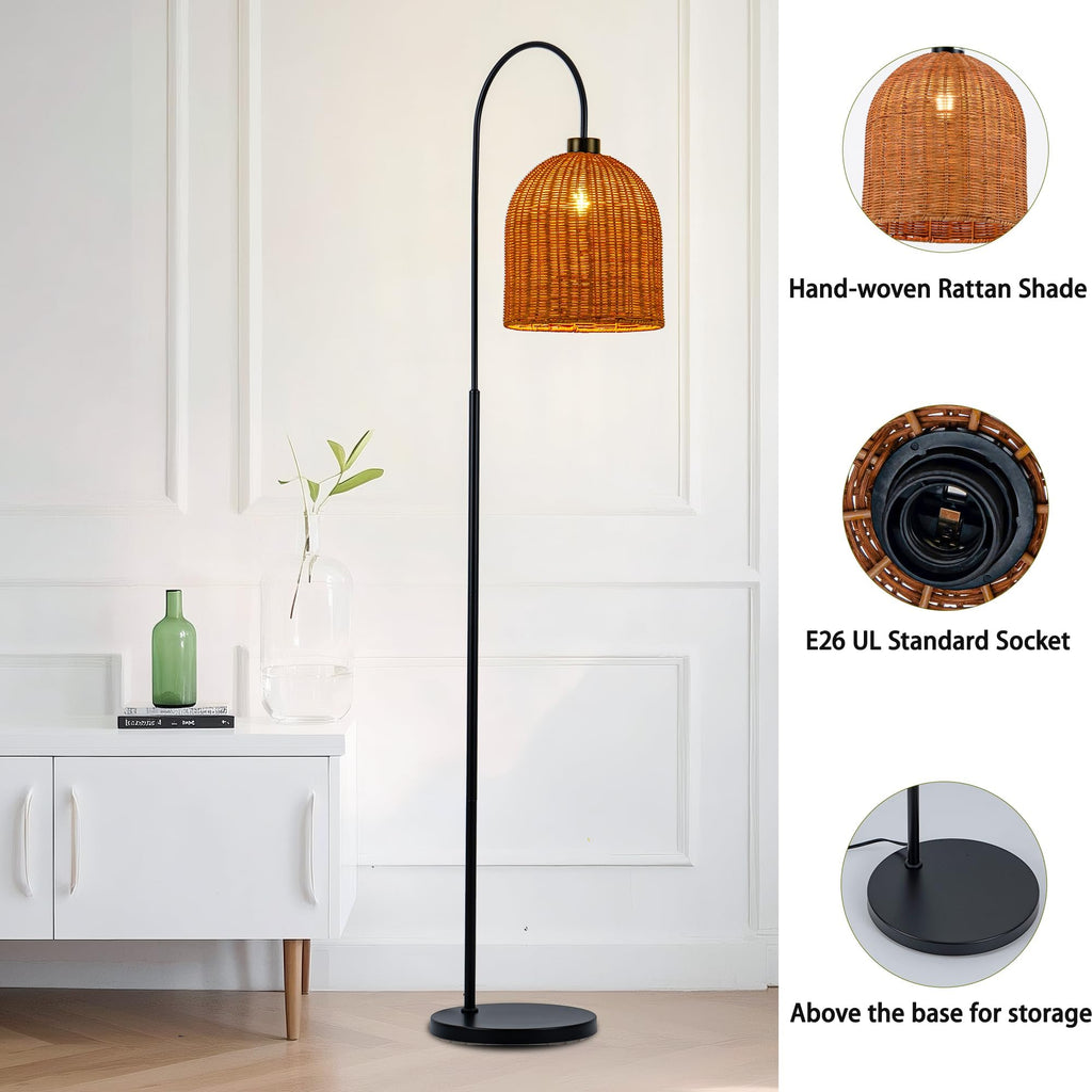Black Arc Floor Lamp with Handwoven Rattan Shades