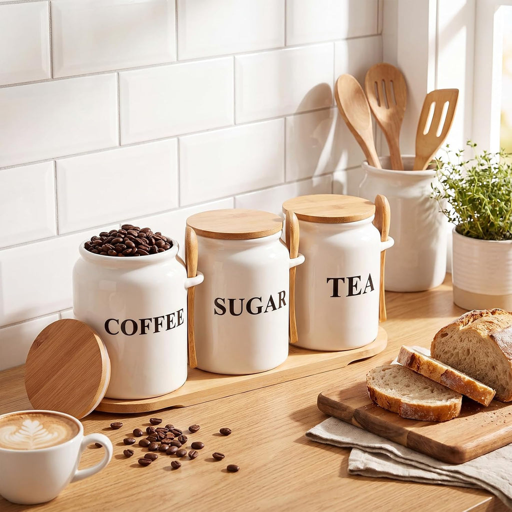 Coffee Sugar and Tea Canister Set with Tray and Spoon 27 oz Ceramic Farmhouse White Container Jar - Set of 3