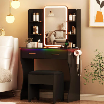 Vanity Desk with LED Lights Mirror & Power Outlet, Small Makeup Vanity Table Set with Storage Drawers & Chair, 3