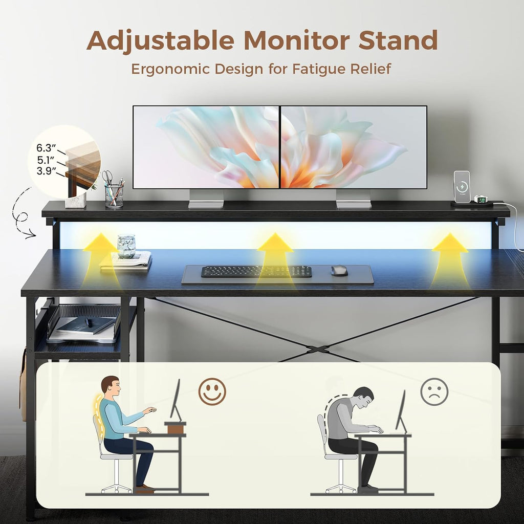 61 Inch L Shaped Computer Desk with 4 Drawers, LED Lights, Black | Power Outlets, Adjustable Monitor Stand, Open