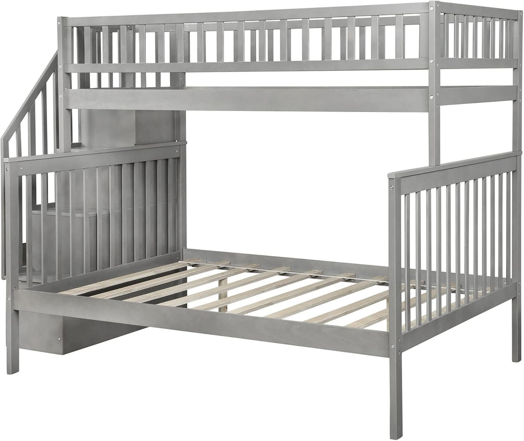 Twin Over Full Bunk Bed with Stairs, Wood Bed Frame with Storage Space and Guard Rail for Bedroom, Dorm, for Teens