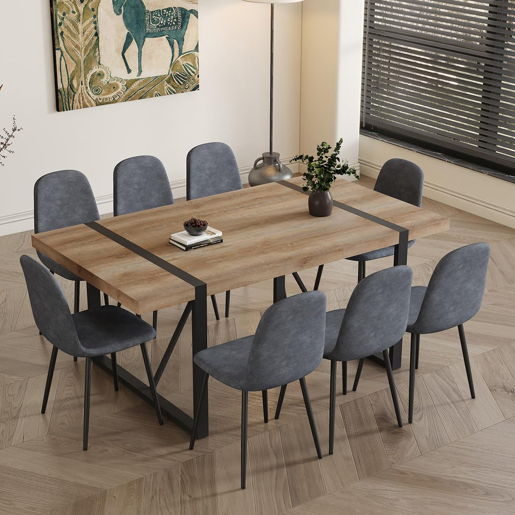 Dining Table Set for 8, 9 Piece Dining Table Set, 71'' Kitchen Table and Suede Nap Fabic Chairs Set of 8, Dining Room
