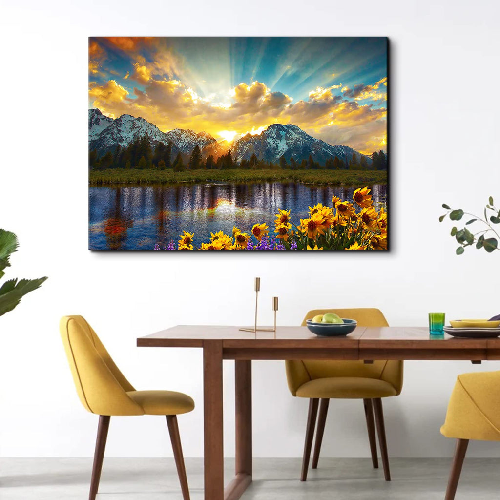 Sunset Grand Teton Mountain Wall Art Office National Park Forest Picture Canvas Painting 24x36", Sunflower Landscape
