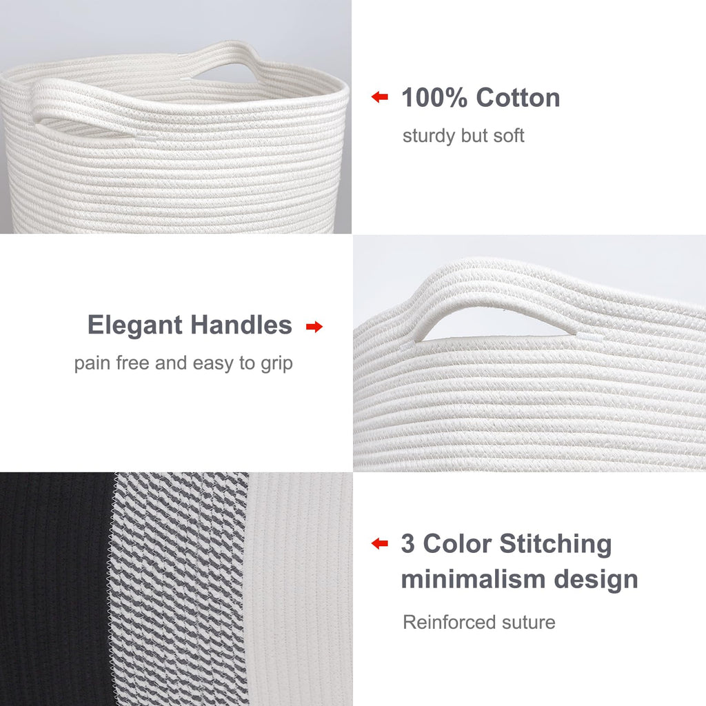 Cotton Rope Blanket Basket, 72L Laundry Hamper, White& Gray& Black