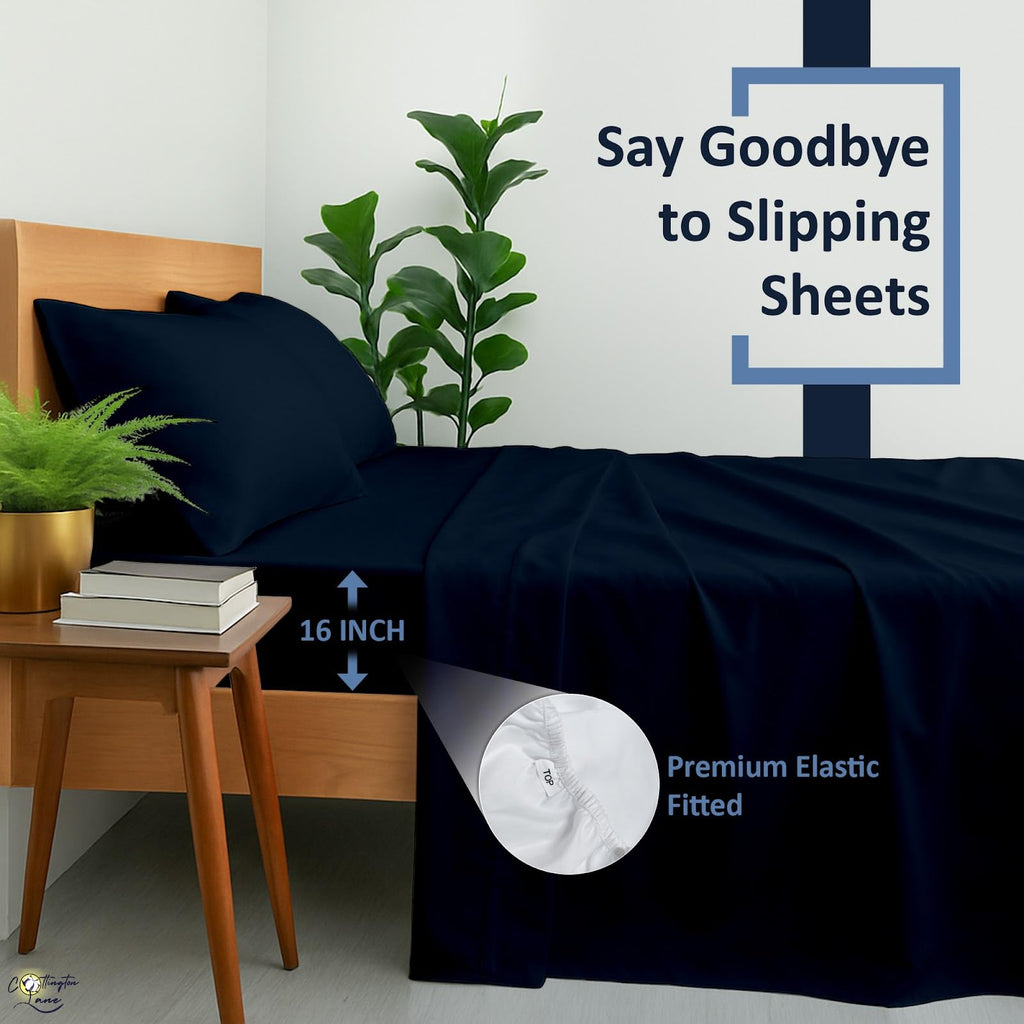 Olympic Queen Sheets, 4 PC 100% Cotton, 16" Deep, Navy Blue