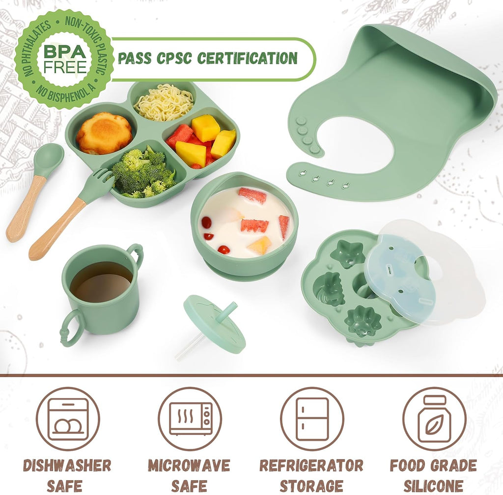 Feeding Set, Baby Led Weaning Supplies, Baby Food Tableware Silicone Suction Plate, Bowl, Spoons, Fork, Waterproof