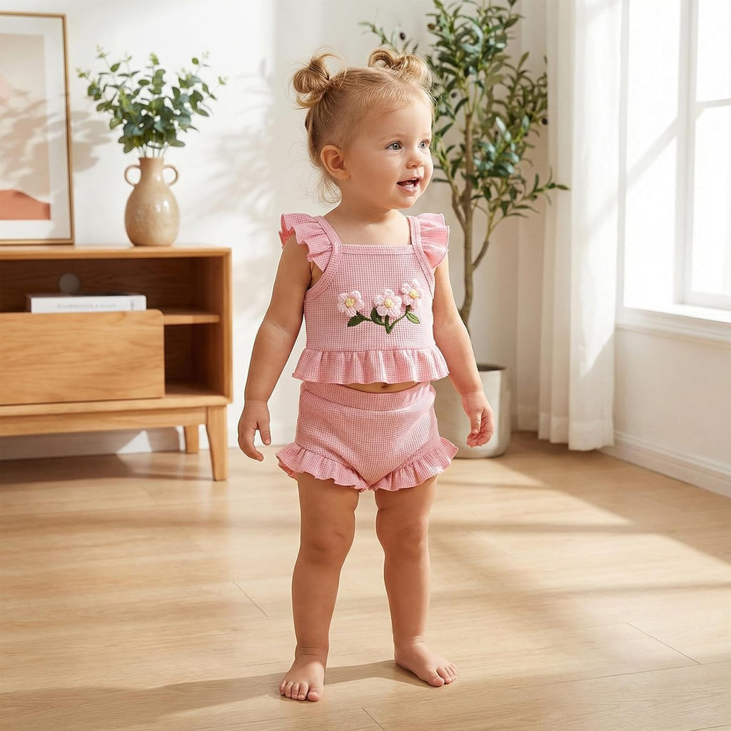 Baby Girl Summer Clothes Outfits 0 3 6 12 Flower Ruffle Sleeve Tops and Shorts Set