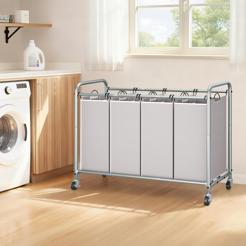 4 Section Laundry Sorter, Laundry Hamper with Wheels, Gray