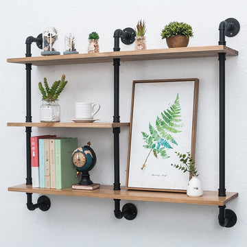Industrial Pipe Shelf with Wood 43.3in, Rustic Wall Mount Shelf 3-Tiers, Metal Hung Bracket Bookshelf, DIY Storage