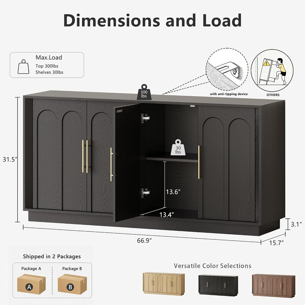 67" Sideboard Buffet Cabinet with Storage, Arched Doors, Black | Modern Minimalist Accent Cabinet with Wood Gain