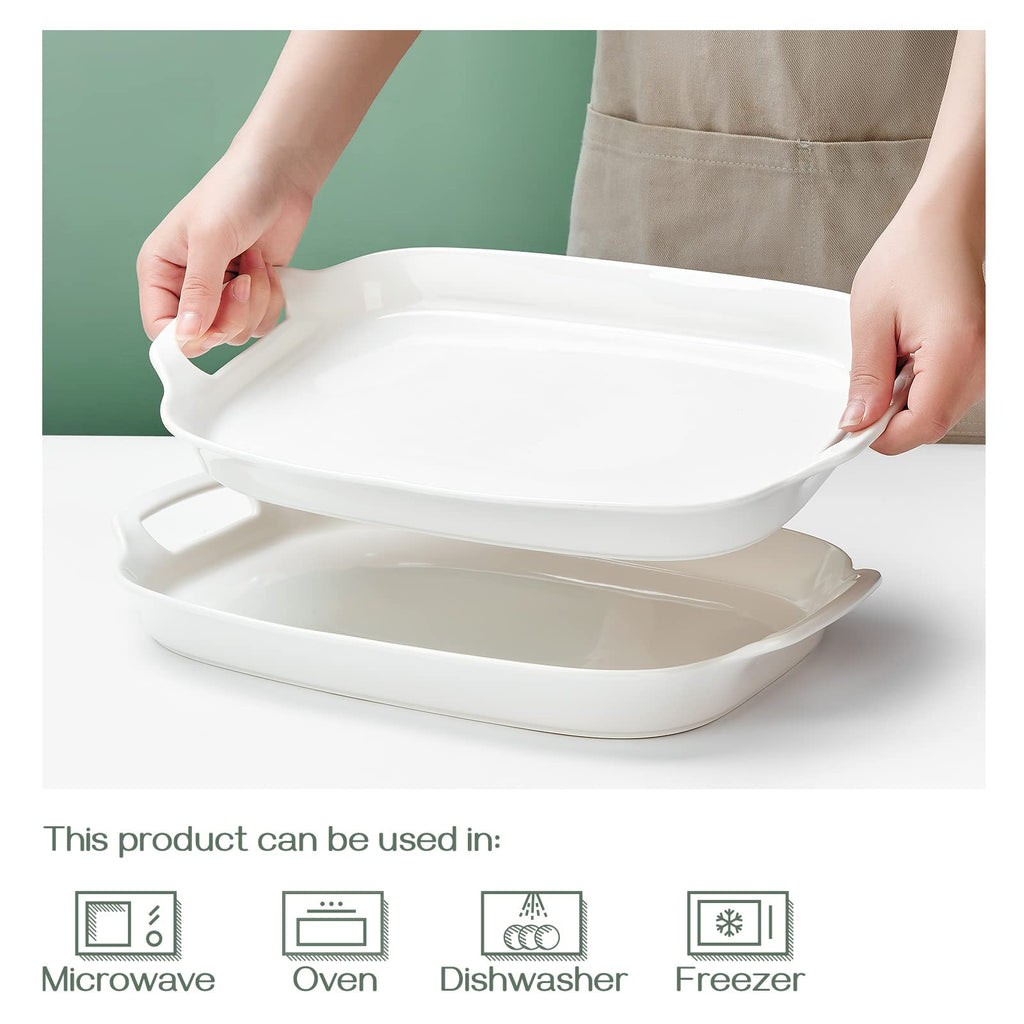 Serving Tray with Handles, 15.4" Large Platters for Wedding Decor, Porcelain Serving Dish for Entertaining, White