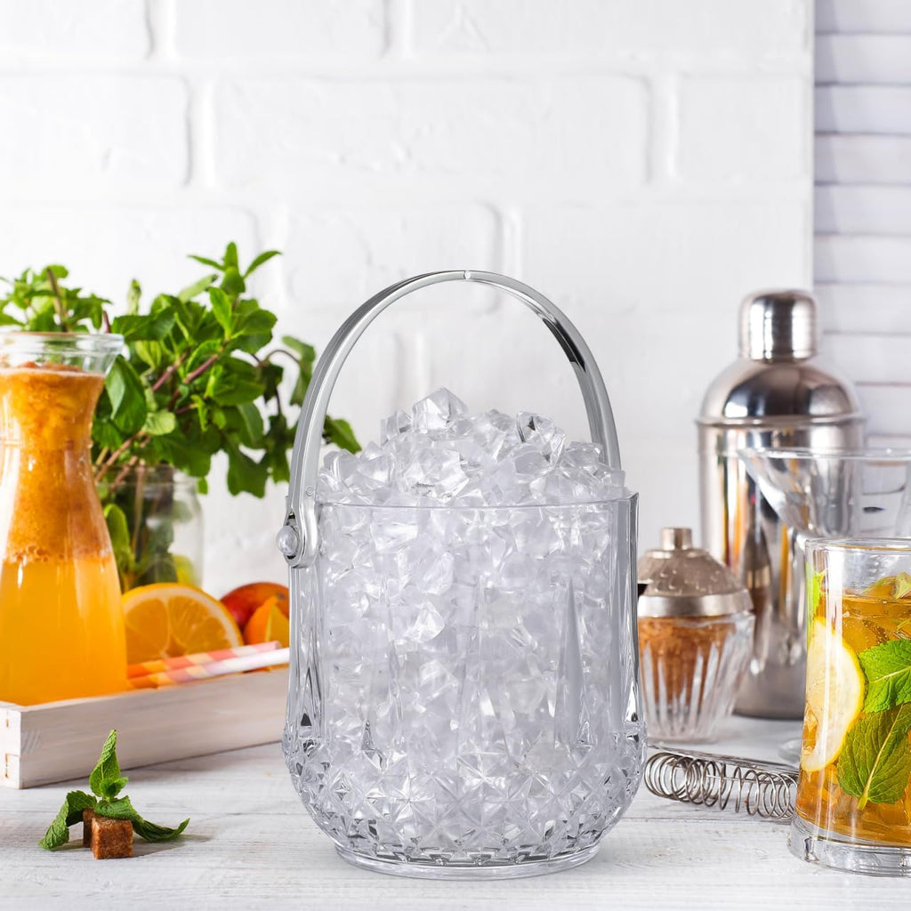 Small Plastic Ice Bucket with Tongs and Handle Clear Portable Ice Cube Bucket 5.11 Height for Wine Beer Beverage