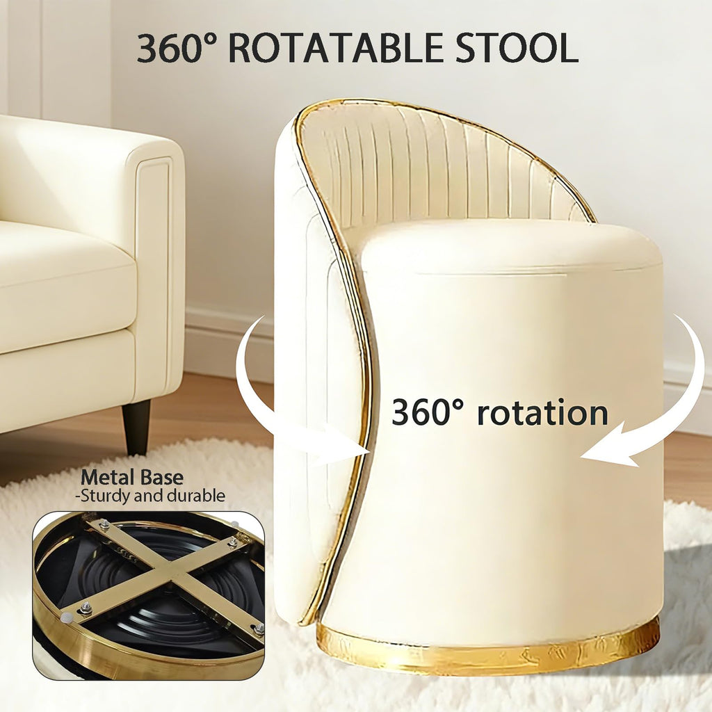 Vanity Stool with Back, 360° Swivel Vanity Chair, 400lbs Modern Round Leather Makeup Stool, Ottoman Chair, Dressing