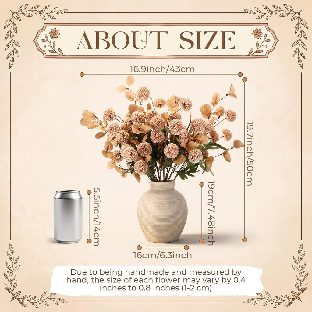 12 Stems of Artificial Flower with 7.5 Inch Rustic Ceramic Vase Vintage Vase Mums Kiku Eucalyptuses Floral