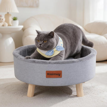 Raised Cat Bed Wooden for Indoor Cats, Cute Cat Couch with Cushion