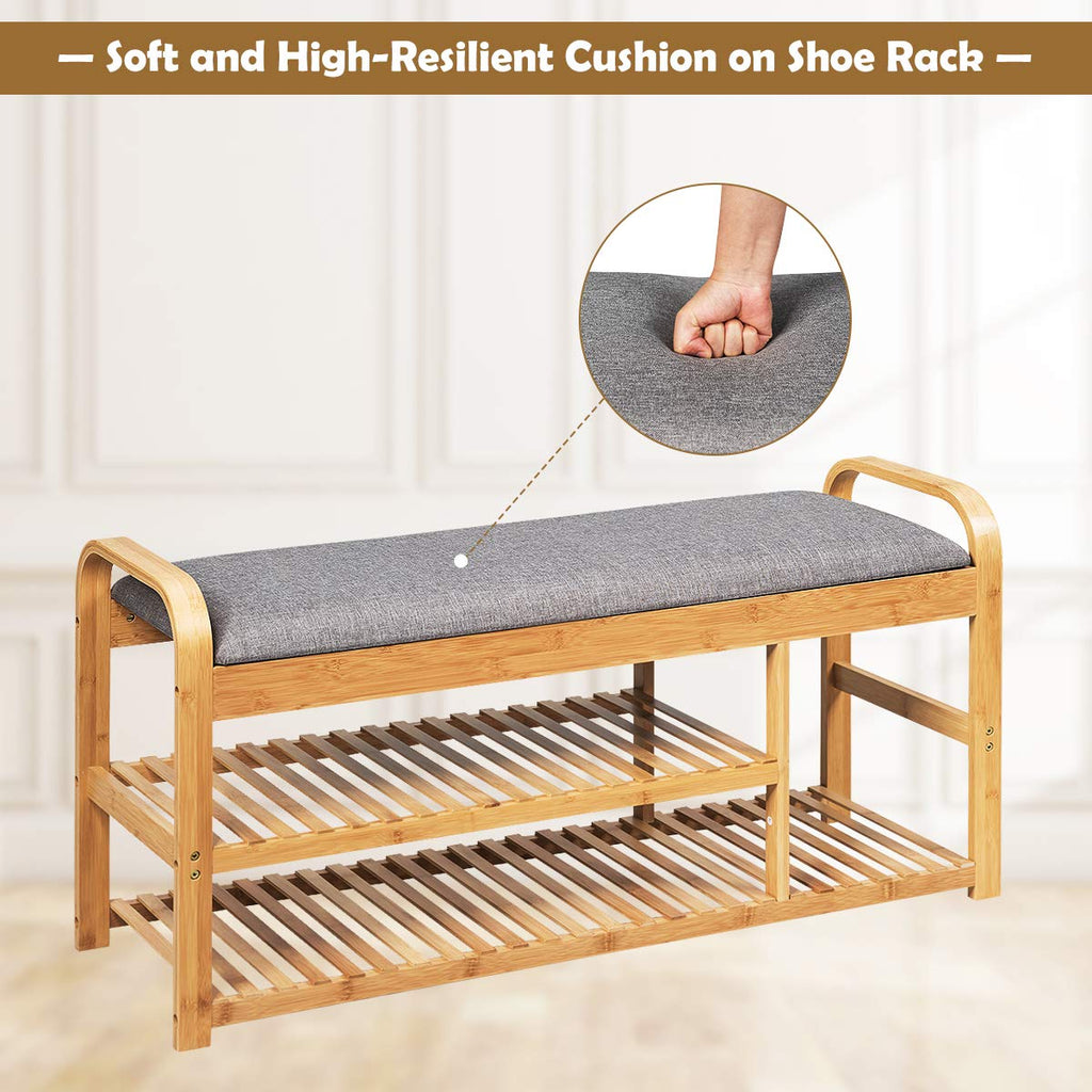 Bamboo Shoe Bench, 3-Tier Entryway Bench with Cushion, Max Load 330 LBS, Modern Stool Storage Shelf Living Room Hallway