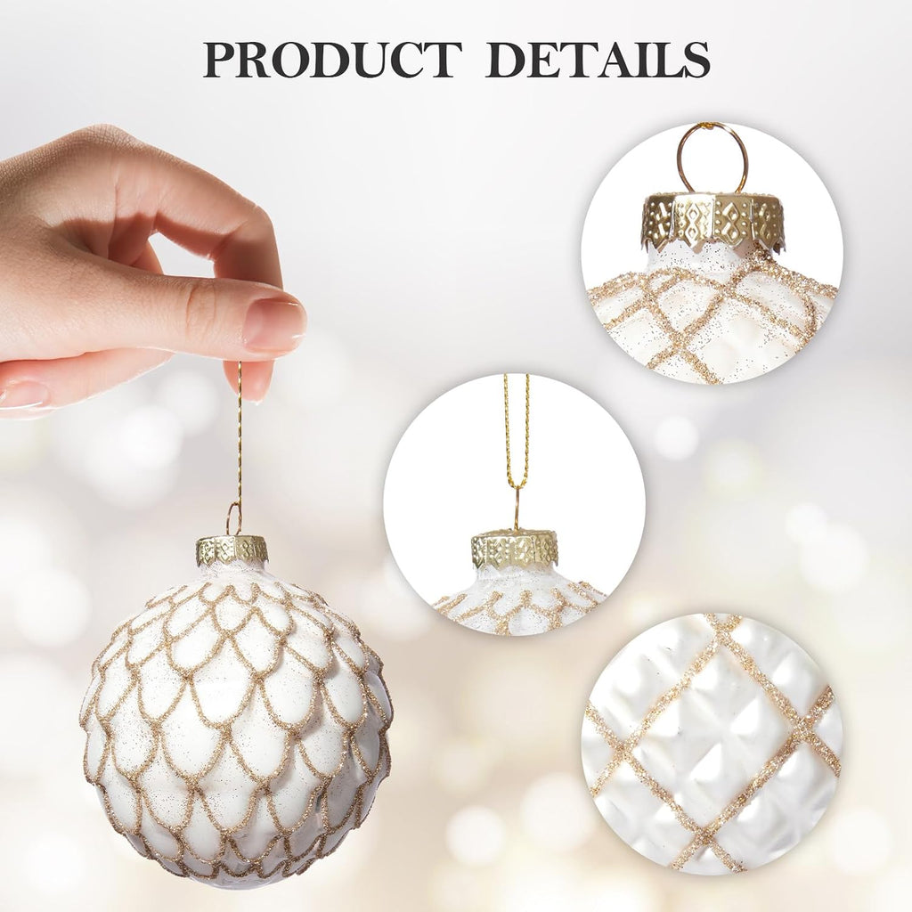 Christmas Ball Ornaments Set of 12, 3.14" White Gold Vintage