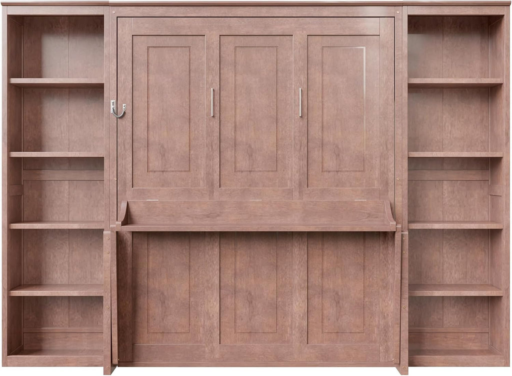 Queen Murphy Bed with Desk, Wood Murphy Bed Frame with Storage Shelves, Hidden Foldable Wall Bed for Home Office