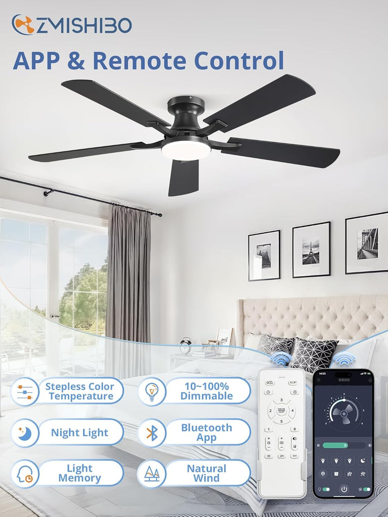 52 Inch Ceiling Fan with Light, App&Remote Control, Flush Mount Low Profile, Dimmable 20W LED Light, Quiet Reversible Motor for Bedroom, Living Room, Apartment, Black A101-B0DPHBLS5W