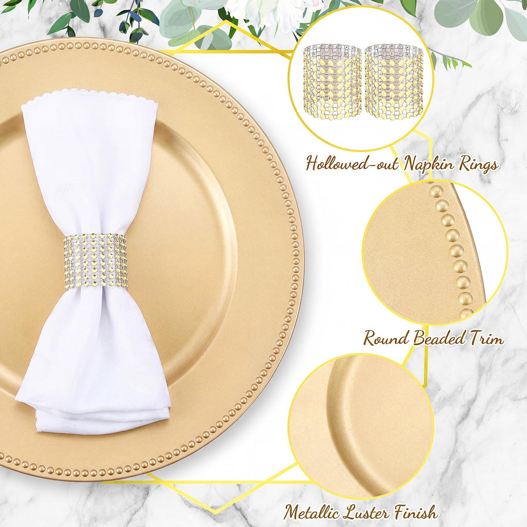 48 Pcs Charger Plates Set, Bulk 24 Plastic Plate Chargers with 24 Napkin Rings, 13 Inch Round Dinner Chargers for