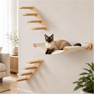 Cat Wall Hammock Set, Cat Wall Shelves with Bed & 2 Four-Step Ladders