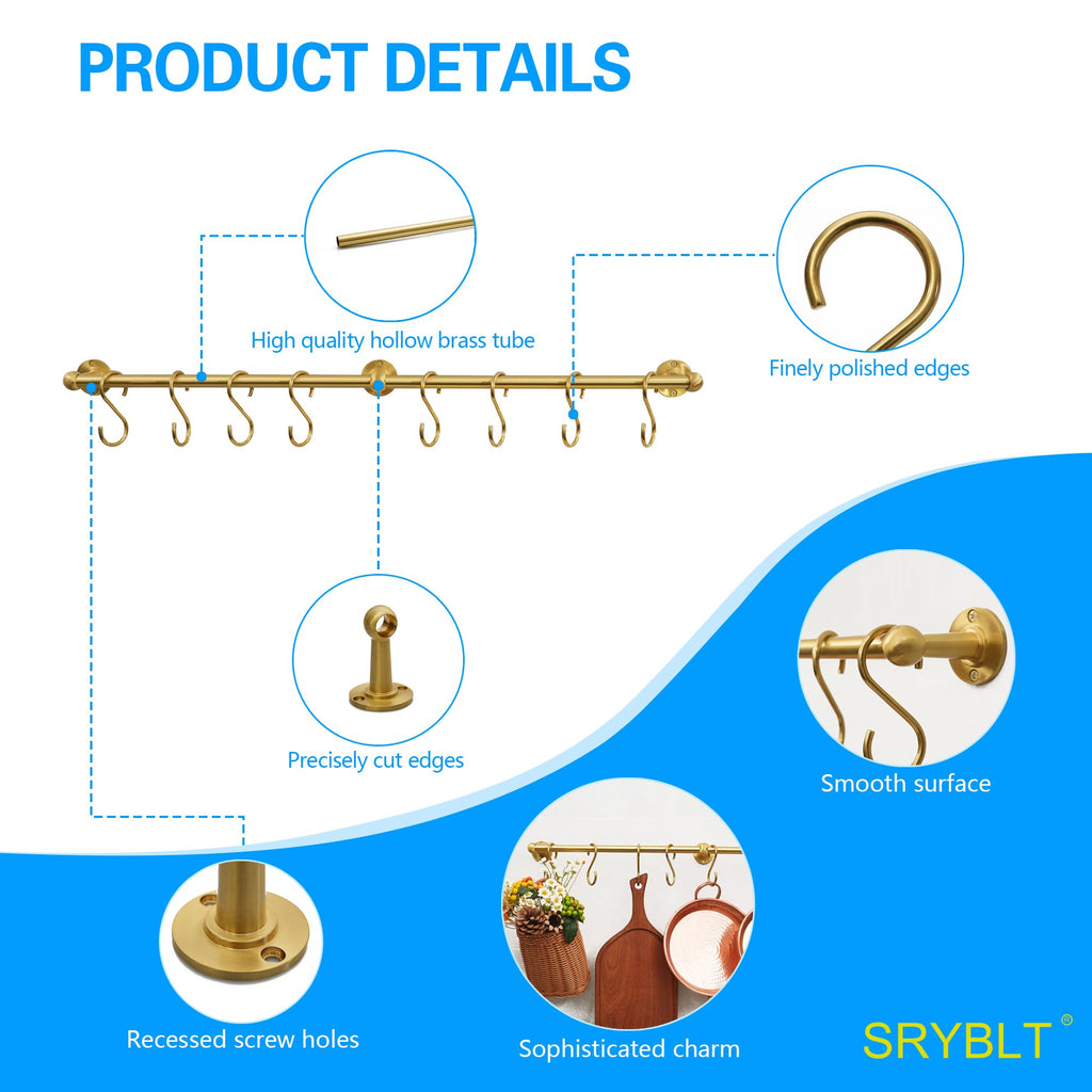 31 Inch Brass Pot Rack Wall Mounted, Kitchen Rail with Hooks for Pots, Pans, Mugs and Utensils, Segmented Wall