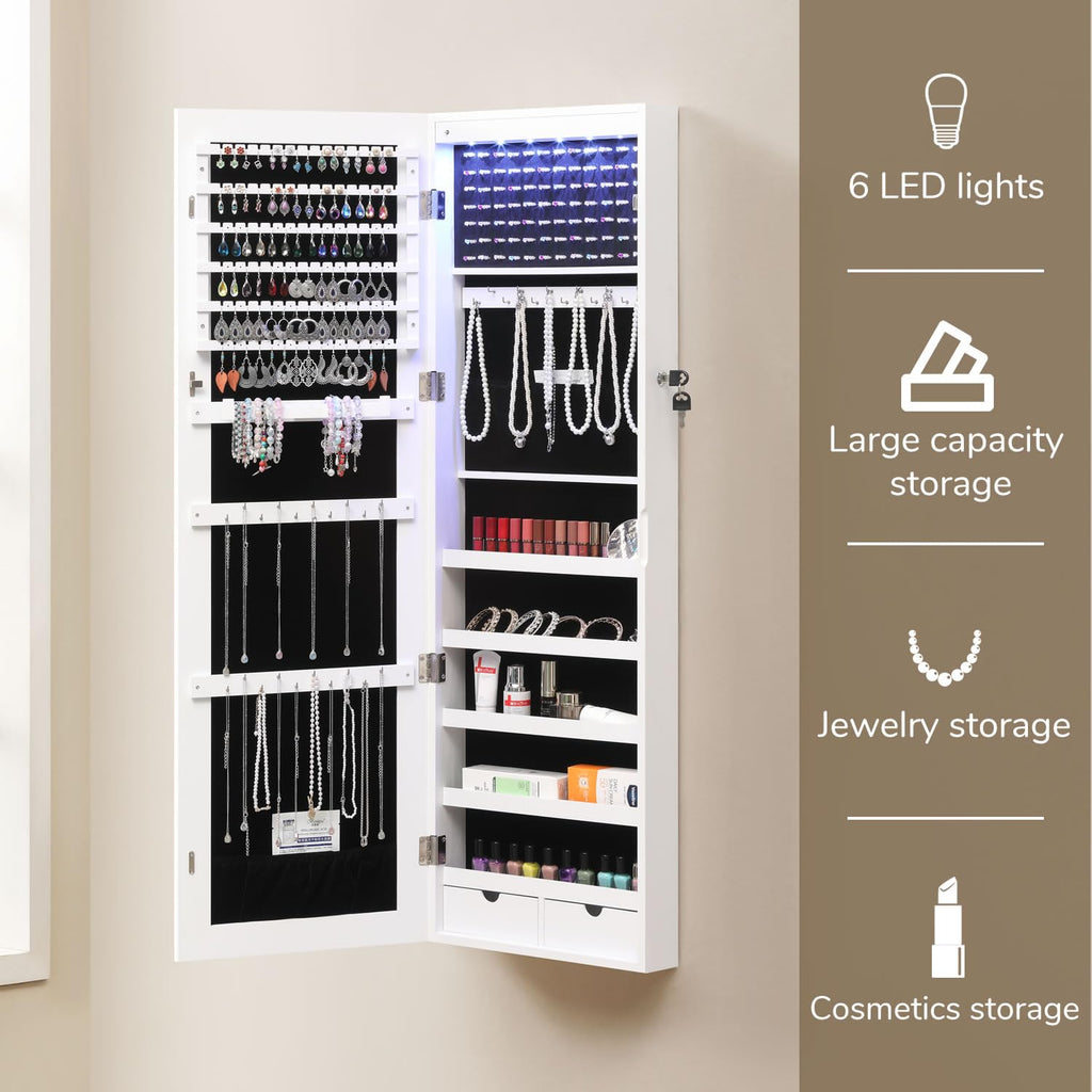 Mirror Jewelry Cabinet, Wall & Over The Door Mount Jewelry Organizer Storage, Jewelry Armoire with Auto LED Lights