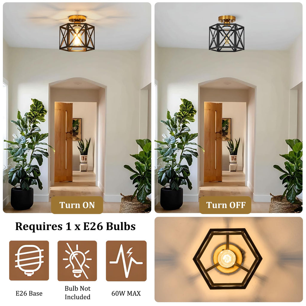Modern Farmhouse Black and Gold Semi Flush Mount Ceiling Light 9.5 in